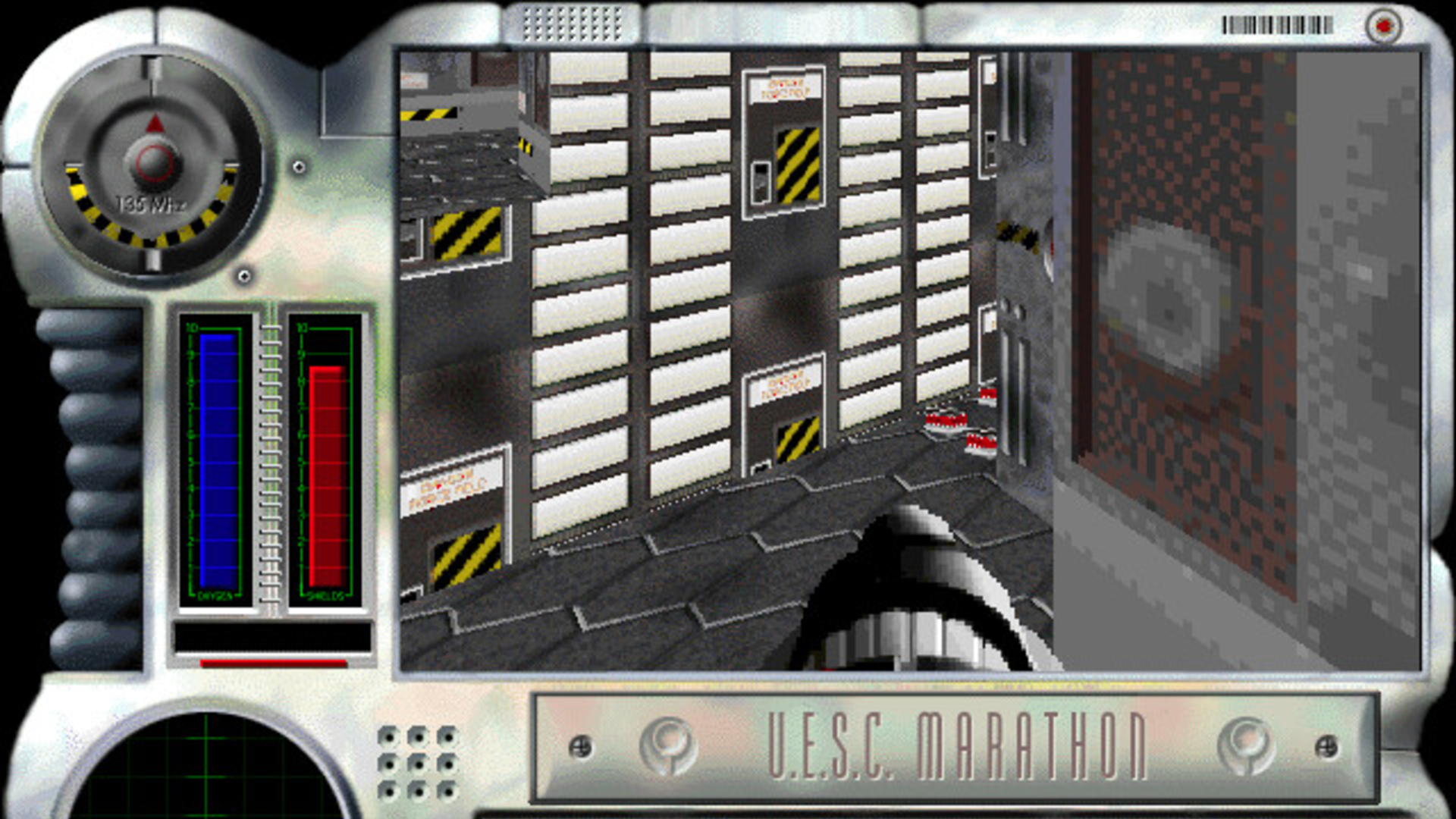 A screenshot of Classic Marathon showing the player watching a row of servers