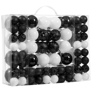 A box of black and white Christmas baubles