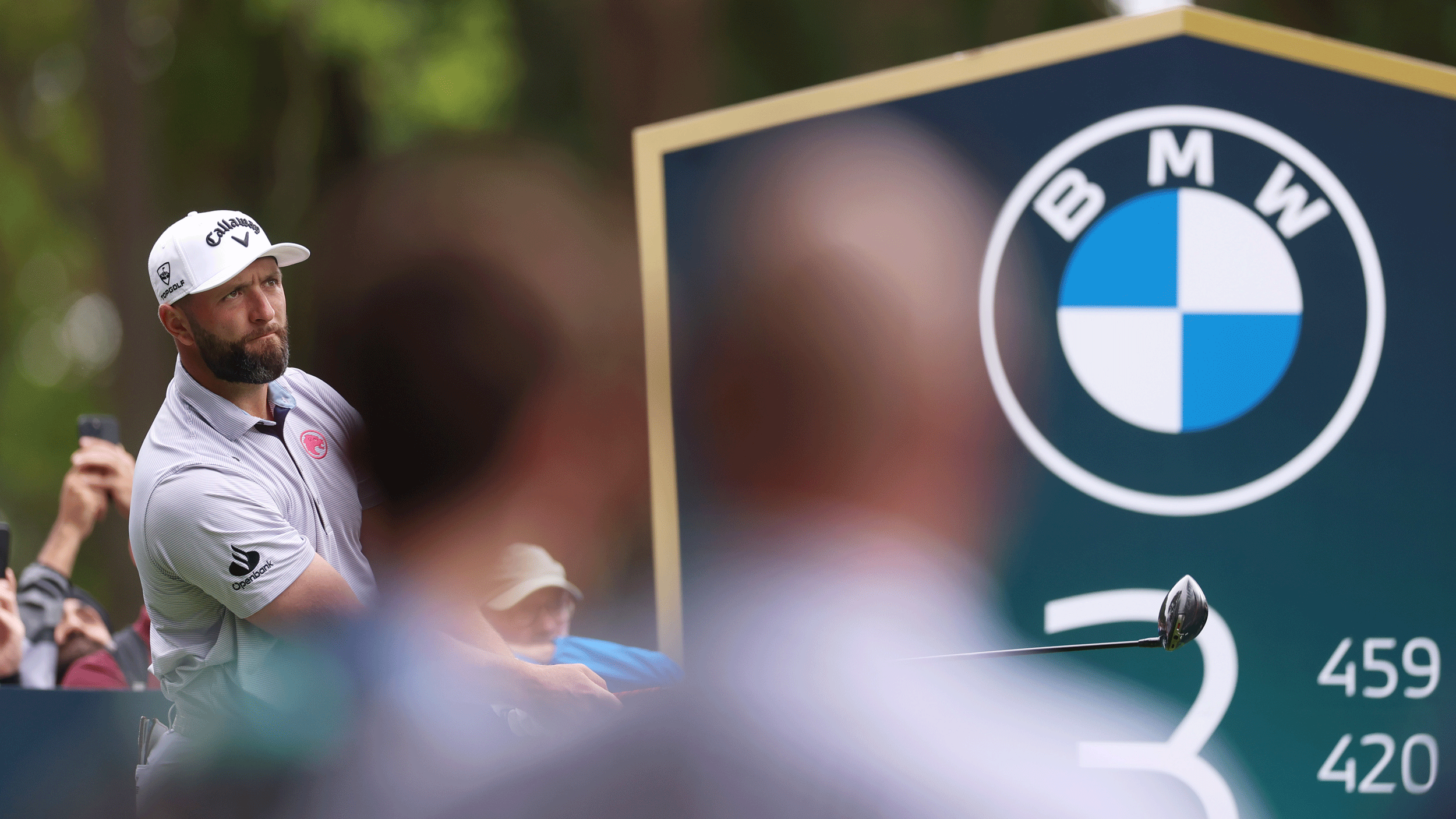 Jon Rahm hits a drive off the third during a practice round ahead of the 2026 BMW PGA Championship