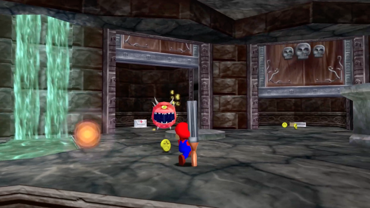 Mario shooting at DOOM demons with a shotgun.