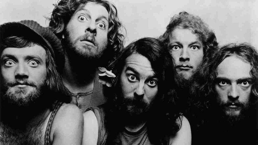 Jethro Tull posing for a photograph while pulling faces in the early 1970s