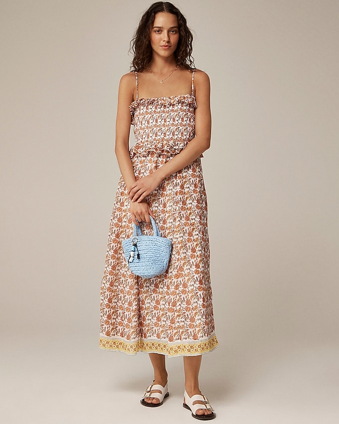 Ruffle-Trim Smocked Dress in Block-Print Ramie