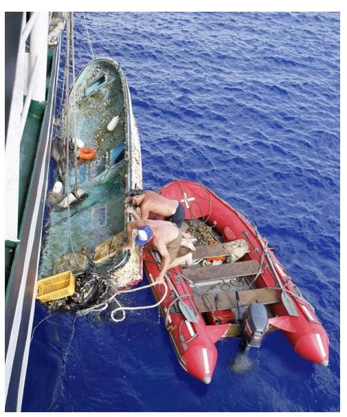 Hoisting up to Pallada the Japanese boat registered to Fukushima prefecture