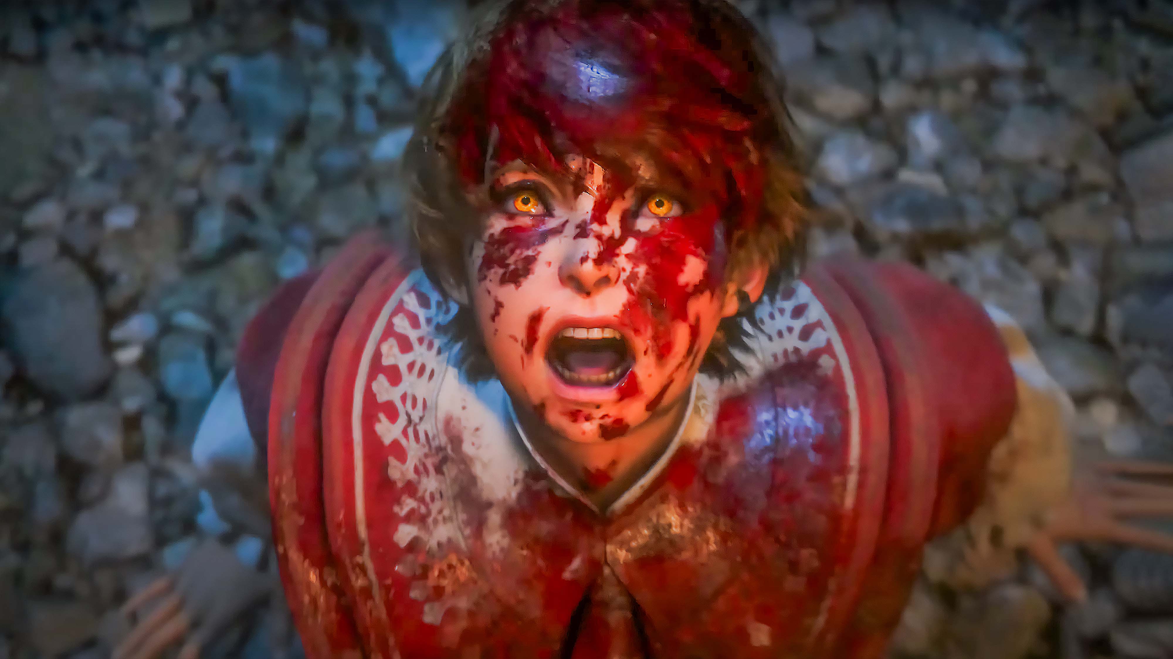 A screenshot from Final Fantasy XVI showing a young boy staring up with blood on his face and yelling. 