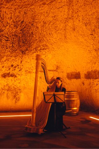 Harpist in les crayères, chalk caves of Veuve Clicquot