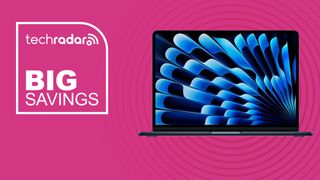 The MacBook Air M4 on a pink background with text saying Big Savings.