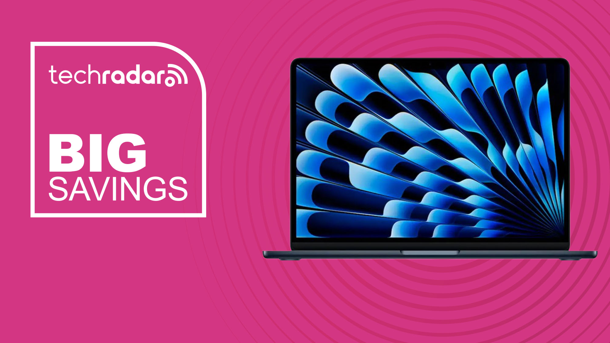 The MacBook Air M4 on a pink background with text saying Big Savings.