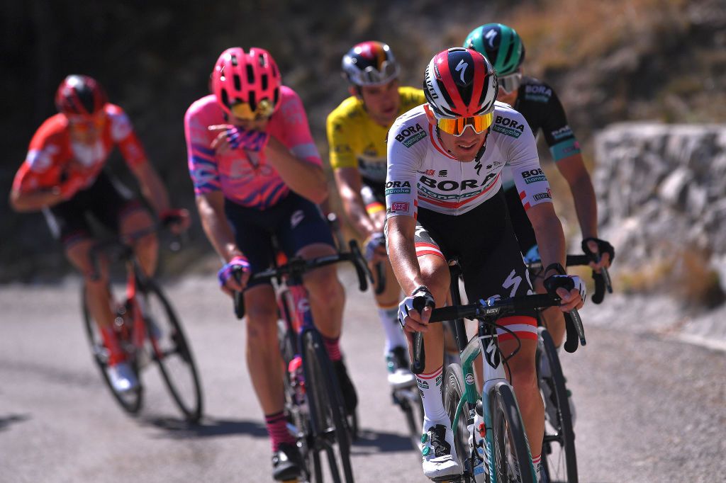 Austrian road race champion Patrick Konrad (Bora-Hansgrohe) works hard on stage 7 of the 2020 Paris-Nice