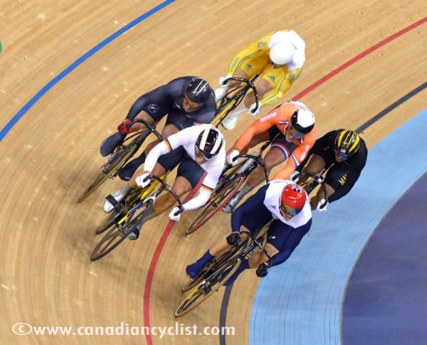 Chris Hoy (Great Britain) moves to the front position on the last lap