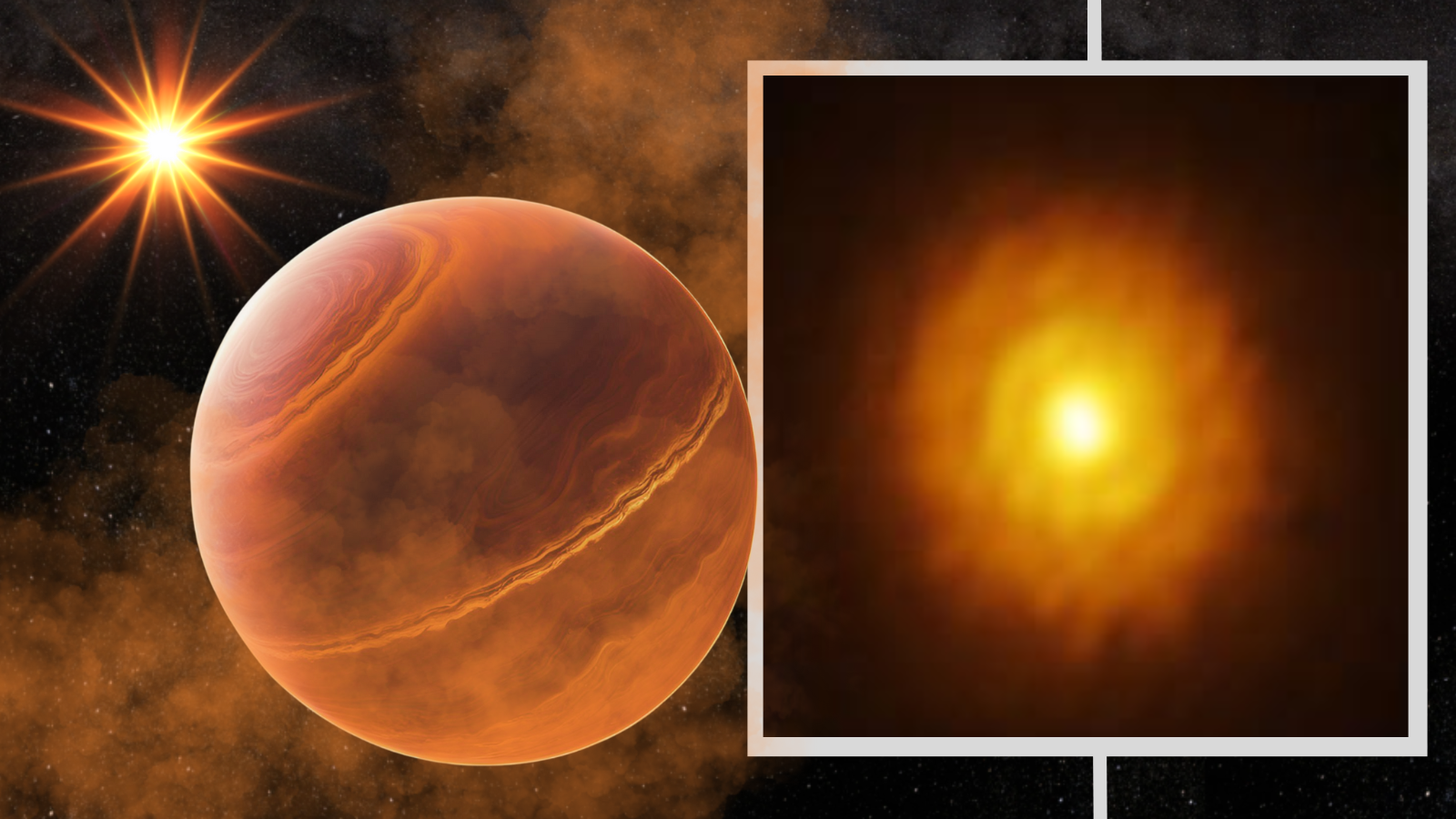 (Main) an illustration of a massive exoplanet emerging friom stellar fog (inset) MP Mus and its protoplanetary disk as seen by ALMA