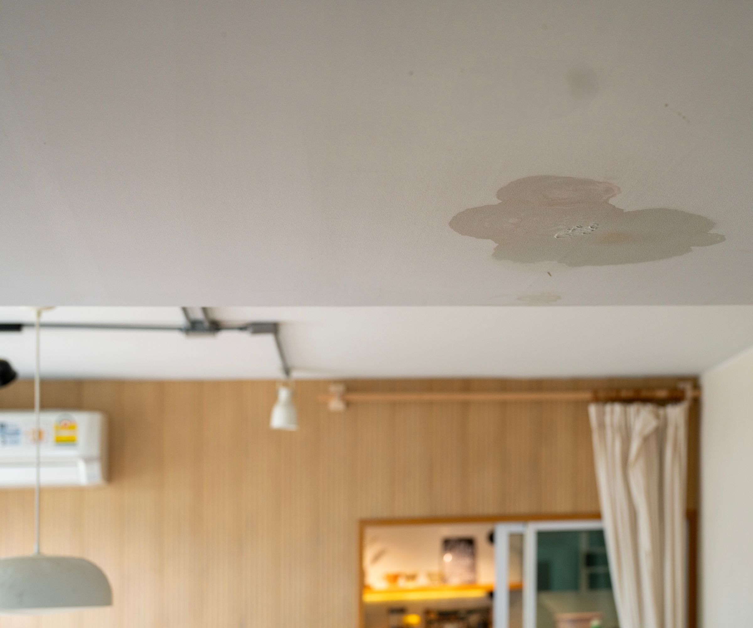 A white ceiling with a damp water stain patch, with a blurred open-plan living space with wood panelling and curtains visible below.