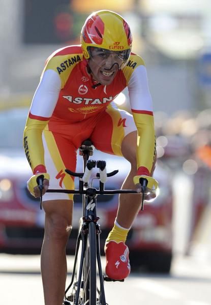Alberto Contador crosses the line in fourth place