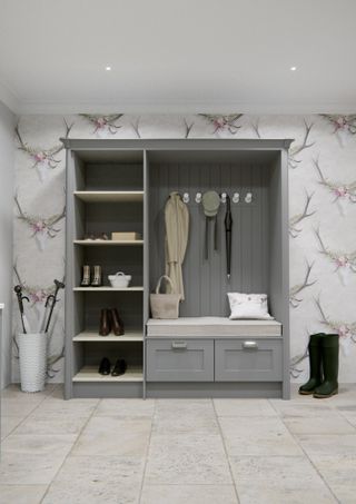 bootroom with grey cabinet and papered wall by lochanna kitchens