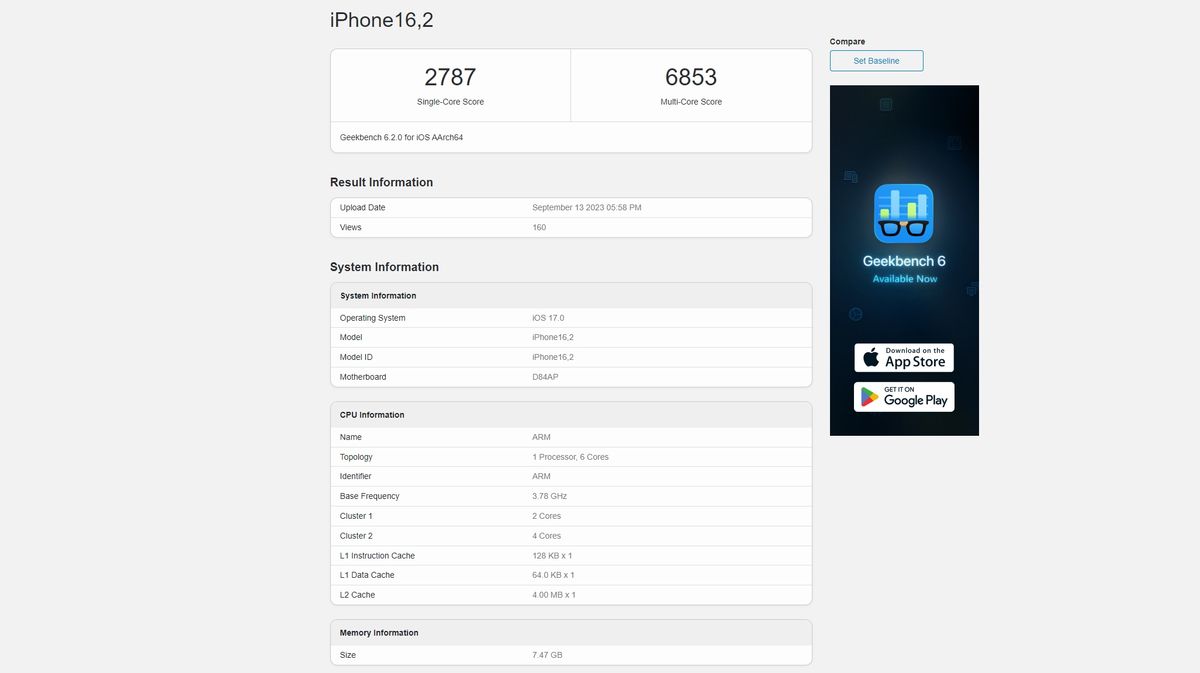 A Geekbench listing for the iPhone 15 Pro Max