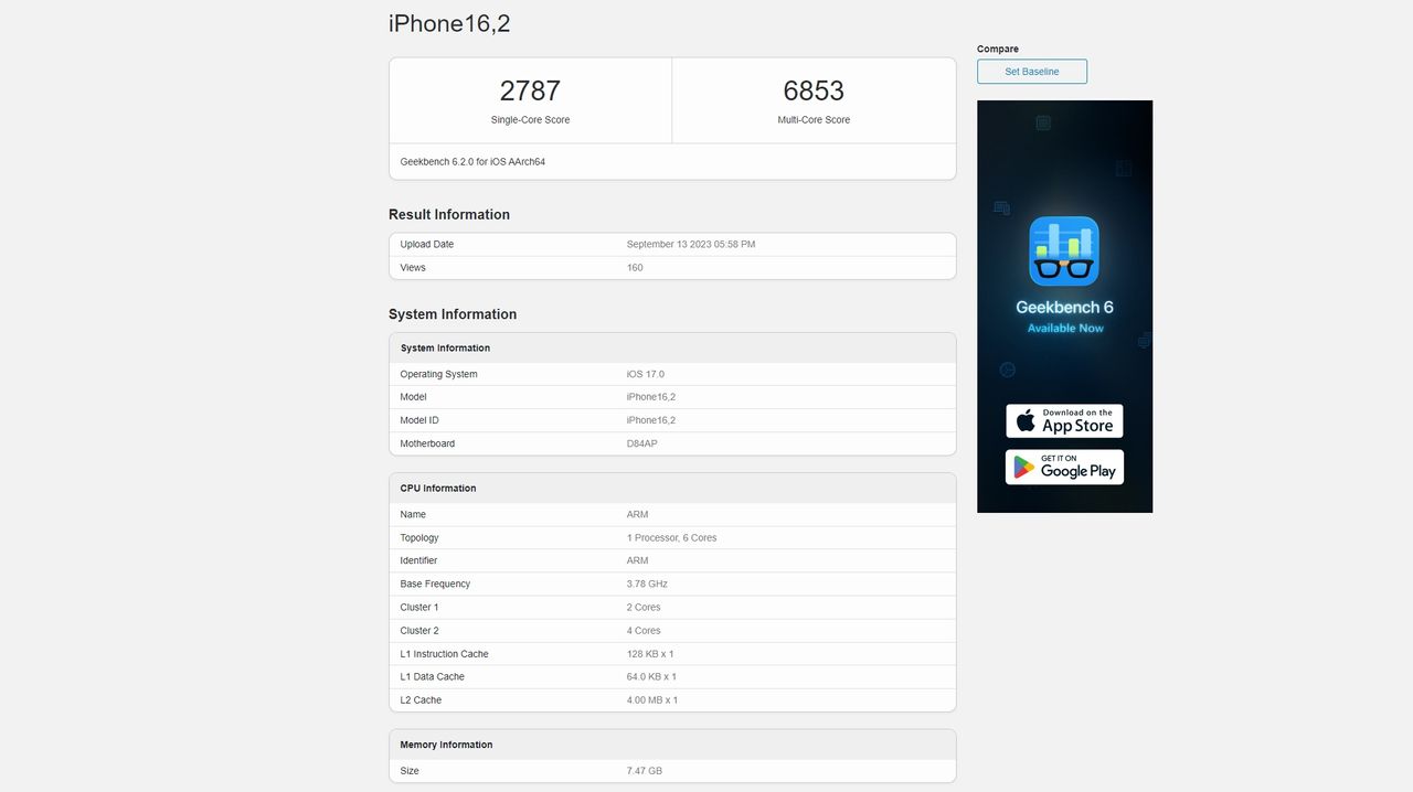 A Geekbench listing for the iPhone 15 Pro Max
