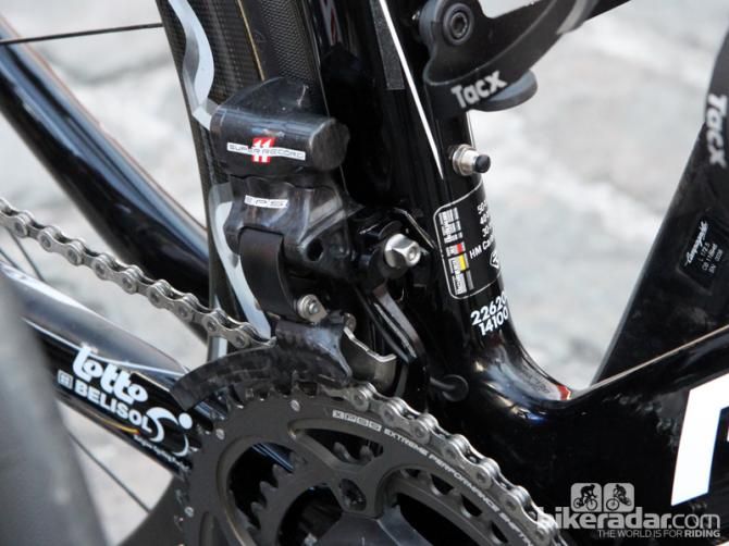 Lotto-Belisol is using internally mounted Campagnolo EPS batteries. Note the charging port just beneath the bottle cage on the seat tube