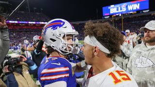 Josh Allen and Patrick Mahomes embracing after the most recent Chiefs vs Bills game on November 17, 2024