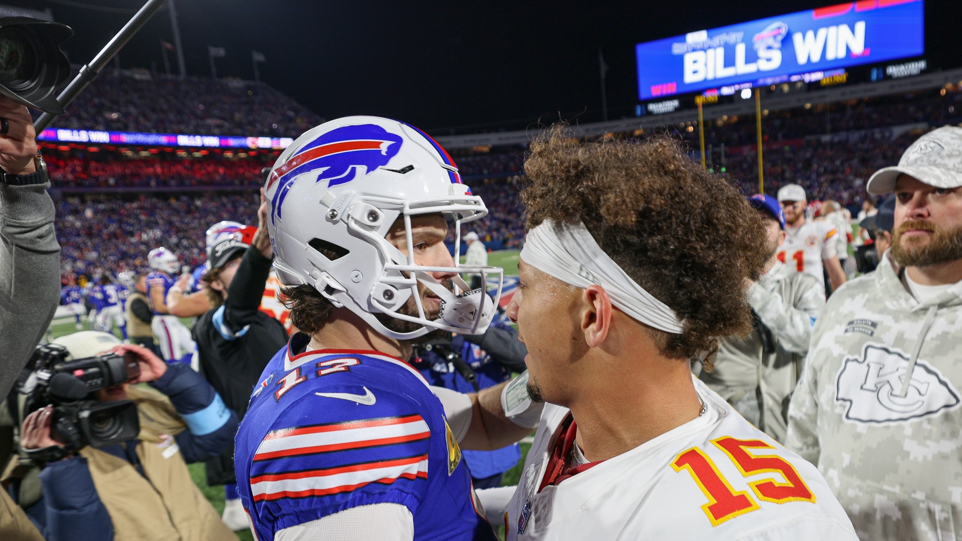 Josh Allen and Patrick Mahomes embracing after the most recent Chiefs vs Bills game on November 17, 2024