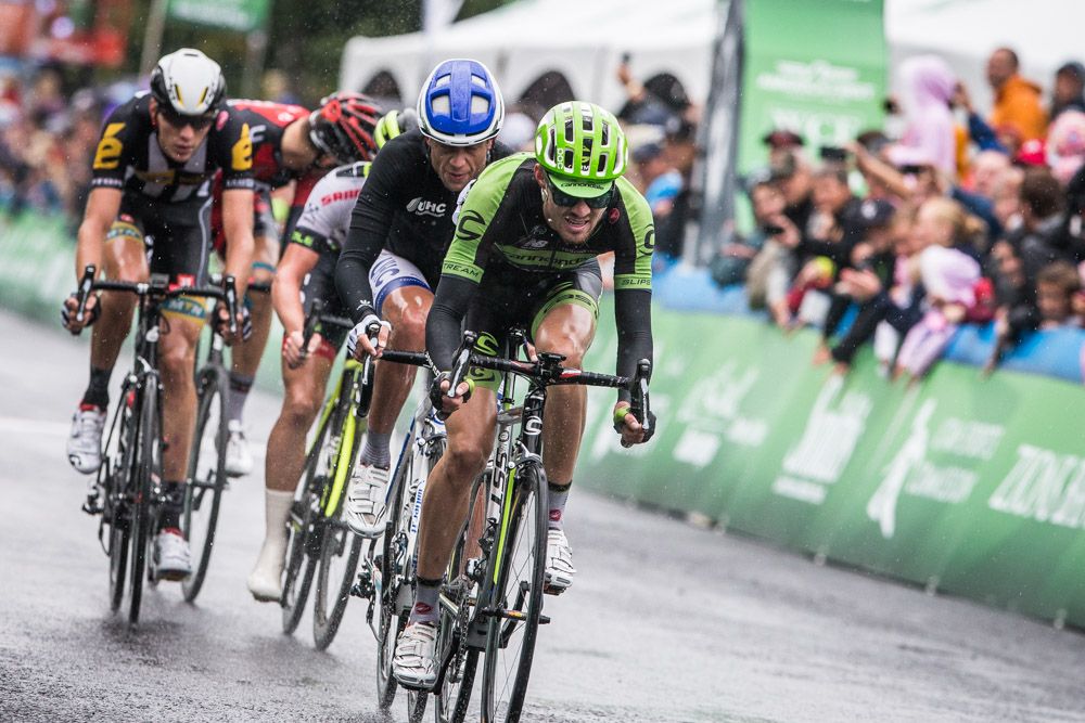 Alex Howes (Cannondale-Garmin) leads the final attack on the last lap.