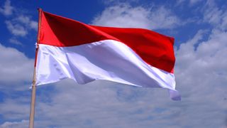 Flag of Indonesia flying in the wind against a backdrop of a blue sky with light clouds.