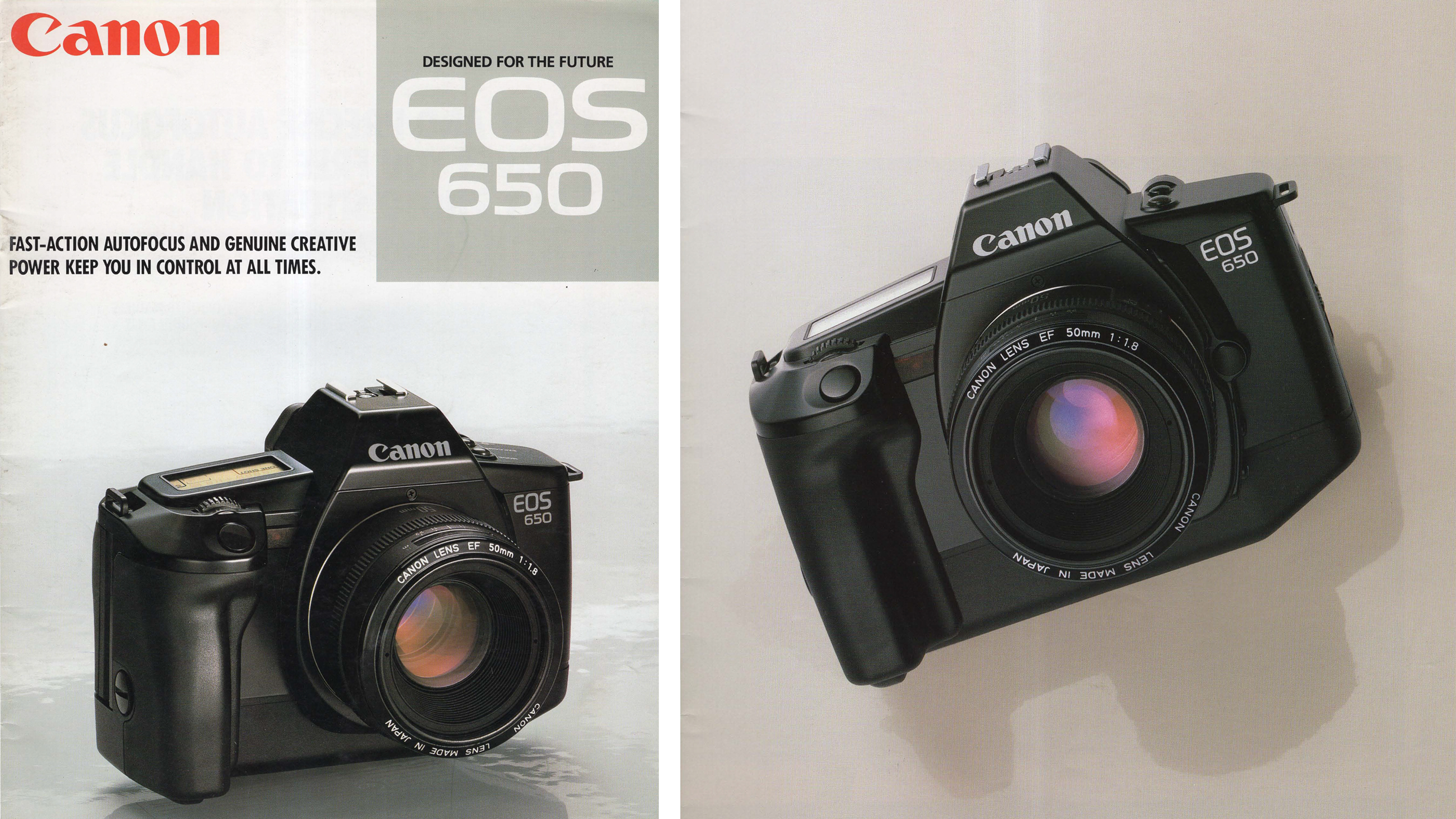 Et gammelt katalog, der viser Canon EOS 650 SLR