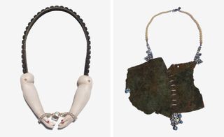 ‘Woman in Chains’, rubber tire, porcelain doll arms, sterling silver chain and padlock