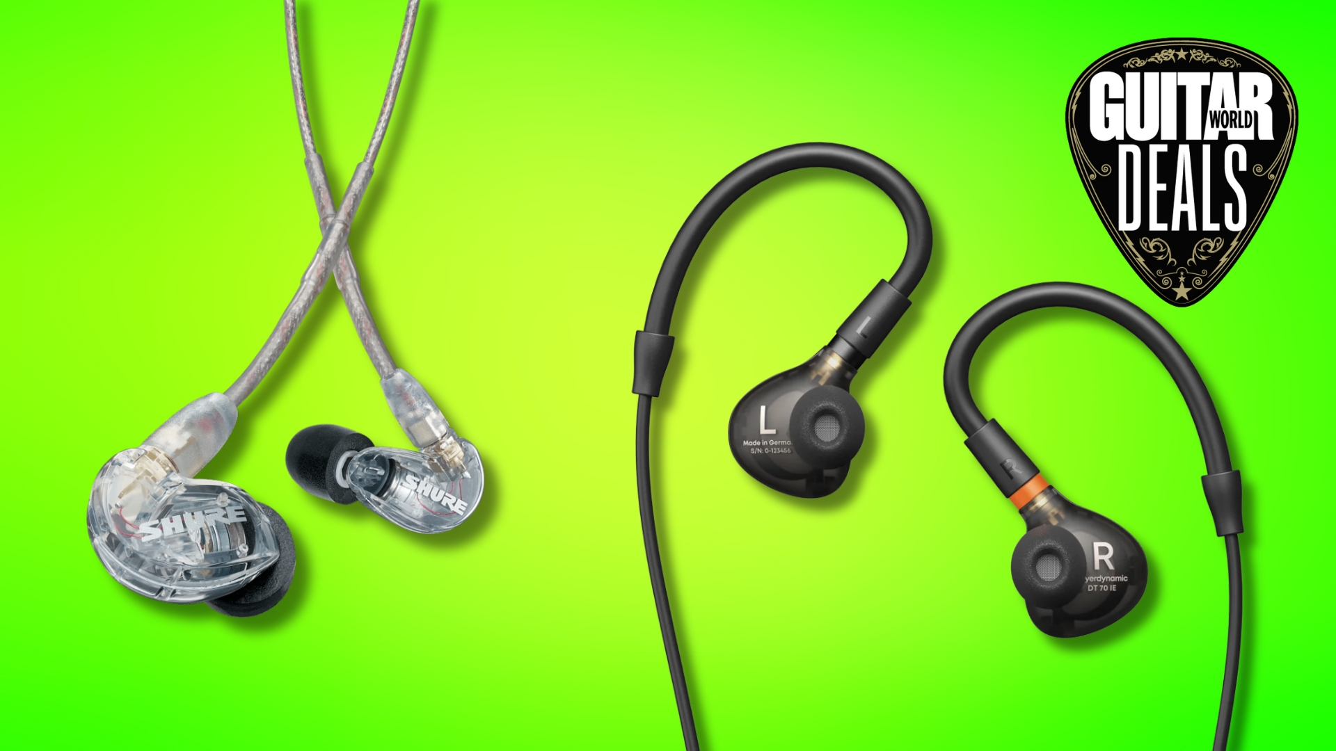 Two pairs of Shure and Beyerdynamic in-ear monitors on a green background