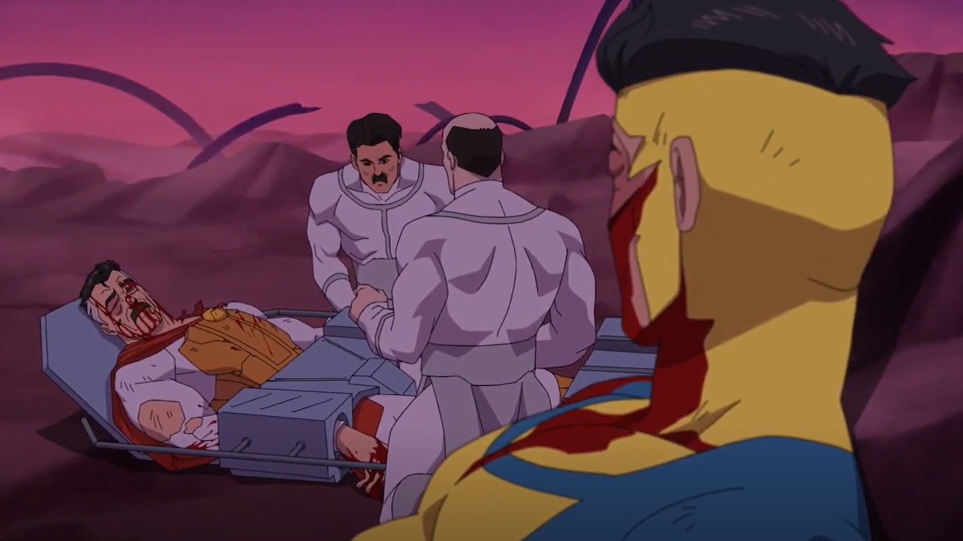 An injured Mark looks over at his paralyzed father Nolan in Invincible season 2 episode 4