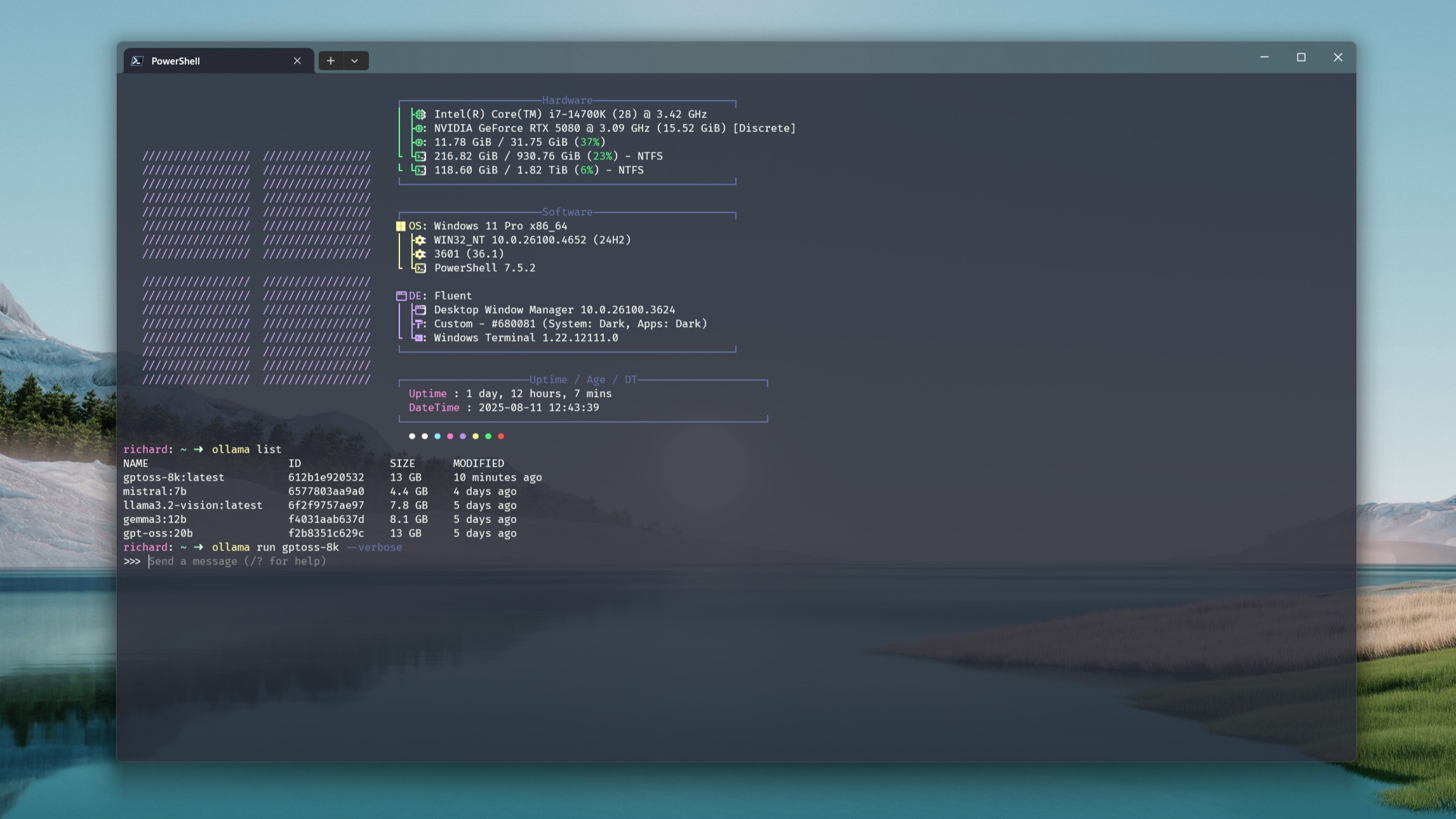 Ollama listing all currently available local LLMs it can use, including a saved version of gpt-oss:20b with an 8k context length.