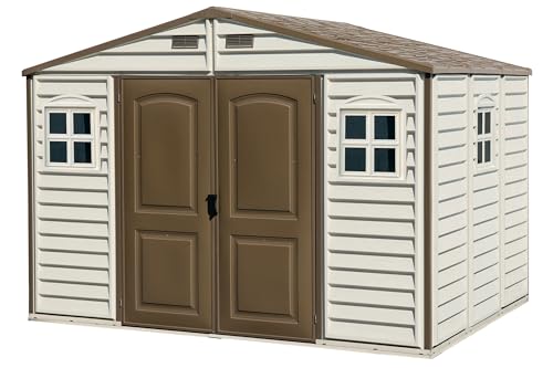 Duramax Woodside 10 X 8 (8.02 M2) Plastic Garden Shed With 3 Fixed Windows & Metal Foundation Kit, Strong Metal Roof Structure Fire Retardant and Maintenance-Free Storage Shed - Ivory/brown