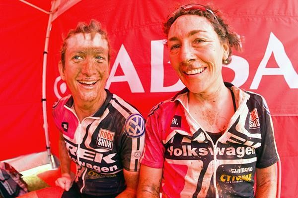 Sue Haywood and Jenny Smith after a stage win.