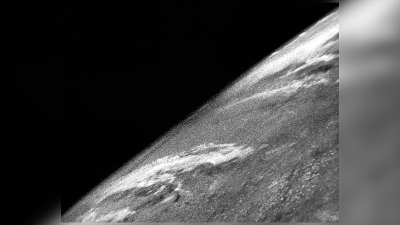 A modified V2 launched from White Sands Missile Range on Oct 24. 1946 had a 35mm motion-picture camera on board that returned the first photograph of the Earth from space.
