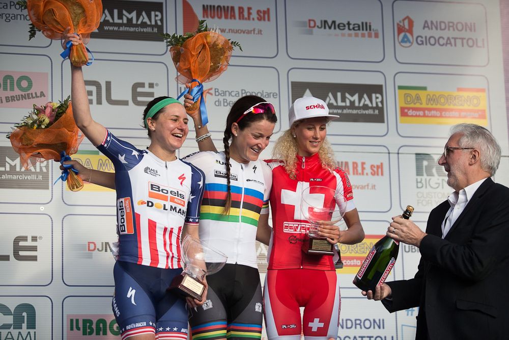 Megan Guarnier, Lizzie Armitstead (both Boels-Dolmans Cycling Team) and Jolanda Neff (Servetto-Footon) celebrate on the podium for Trofeo Alfredo Binda