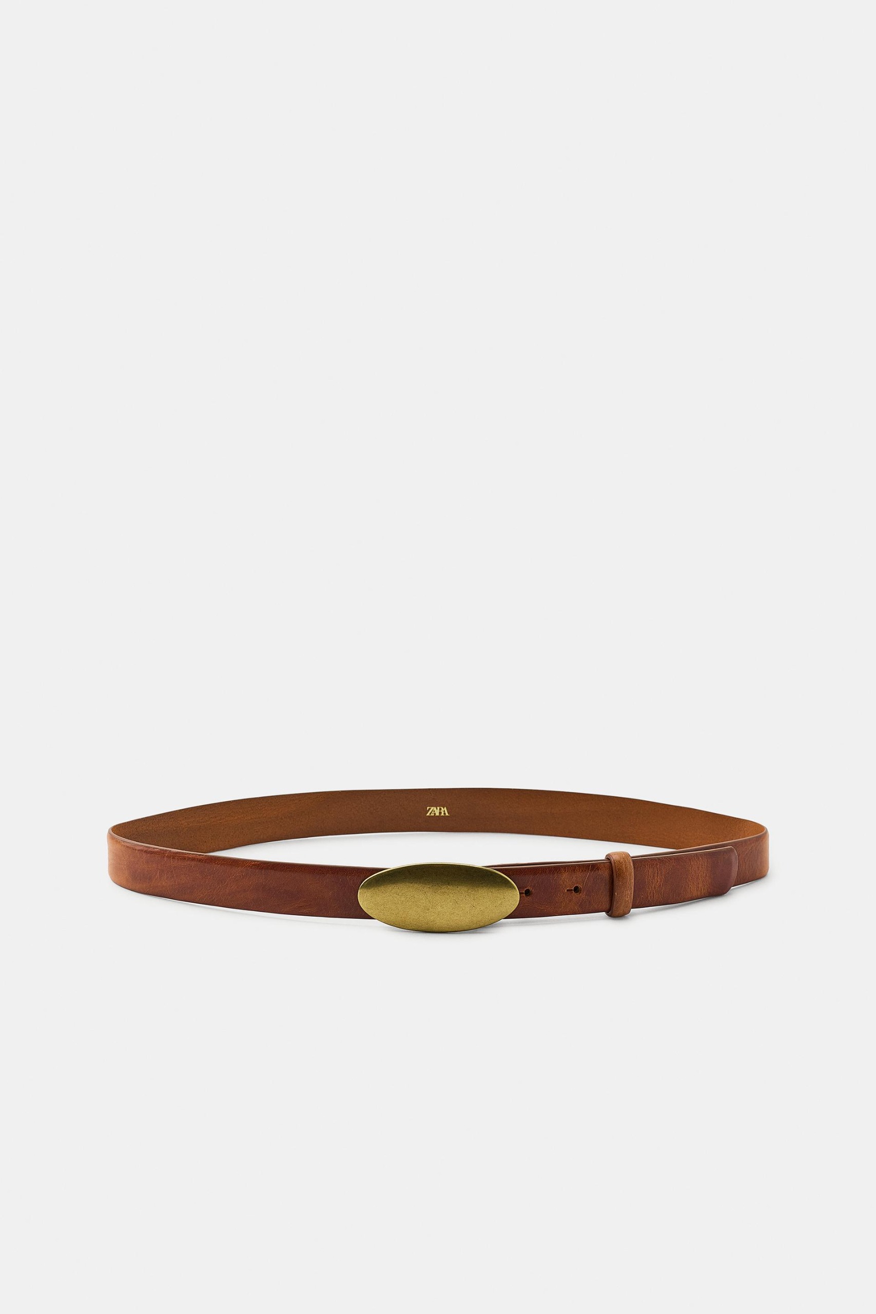 100% Leather Belt With Oval Buckle - Camel - 30