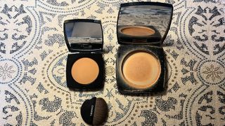 an image of Chanel Les Beiges Healthy Glow Powder before (l) and after (r) use