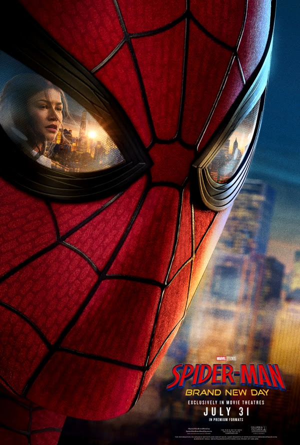 the poster for spider man brand new day featuring his masked face with mj's face reflected in his googles and the city scape behind him