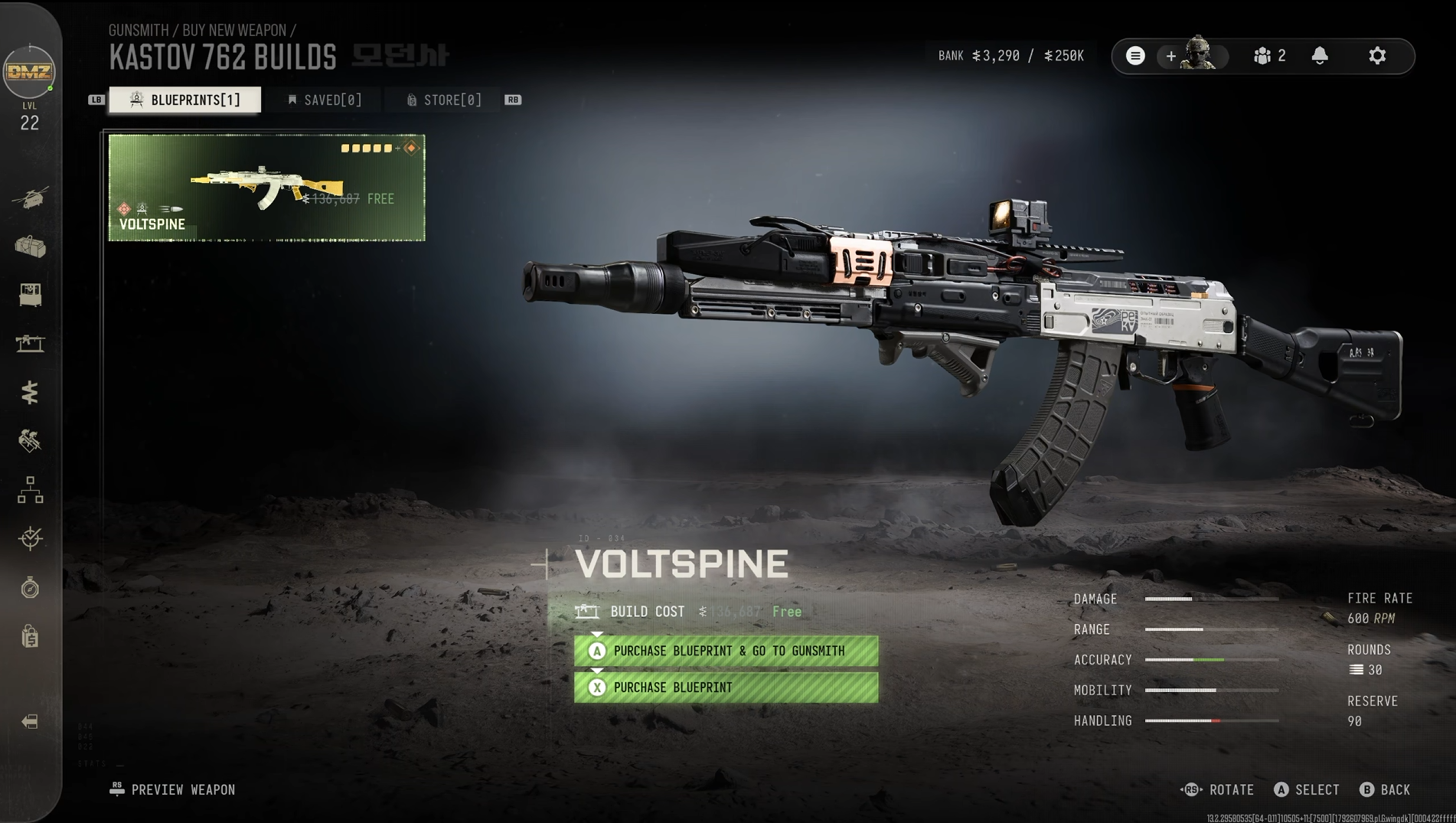 Screenshots of the Gunsmith in Modern Warfare 4 DMZ showing blueprints that can be crafted and their price in DMZ Cash. 