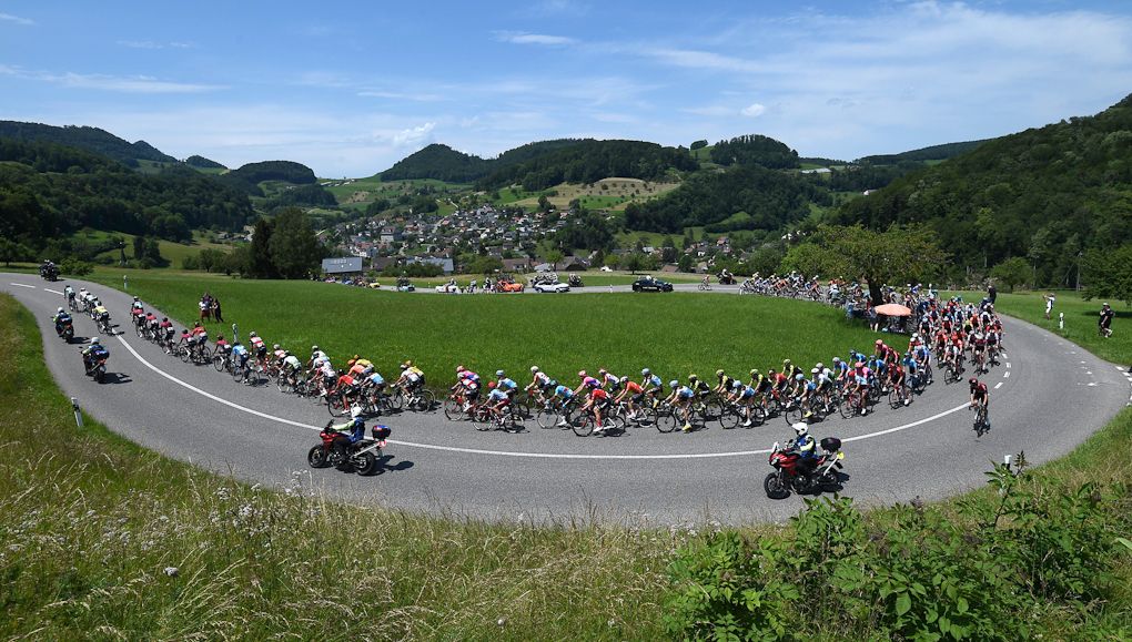 The Tour de Suisse peloton in action during stage 5