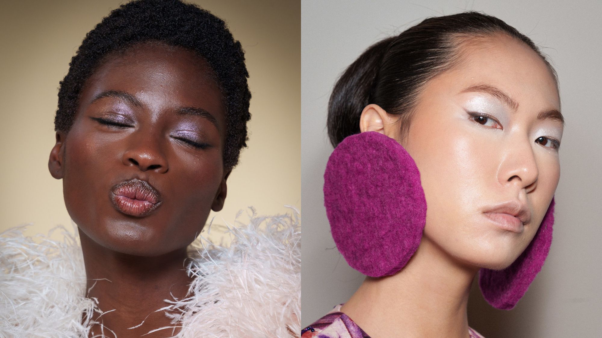 Two people wearing shimmery eye makeup.