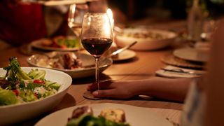 Woman's hand holding onto red wine glass on table next to plate of Mediterranean cuisine, eating late at night