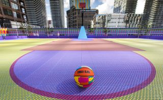 The basketball court designed by Yinka Ilori for the Canary Wharf Estate. For the project, Ilori also designed a limited-edition ballition ball