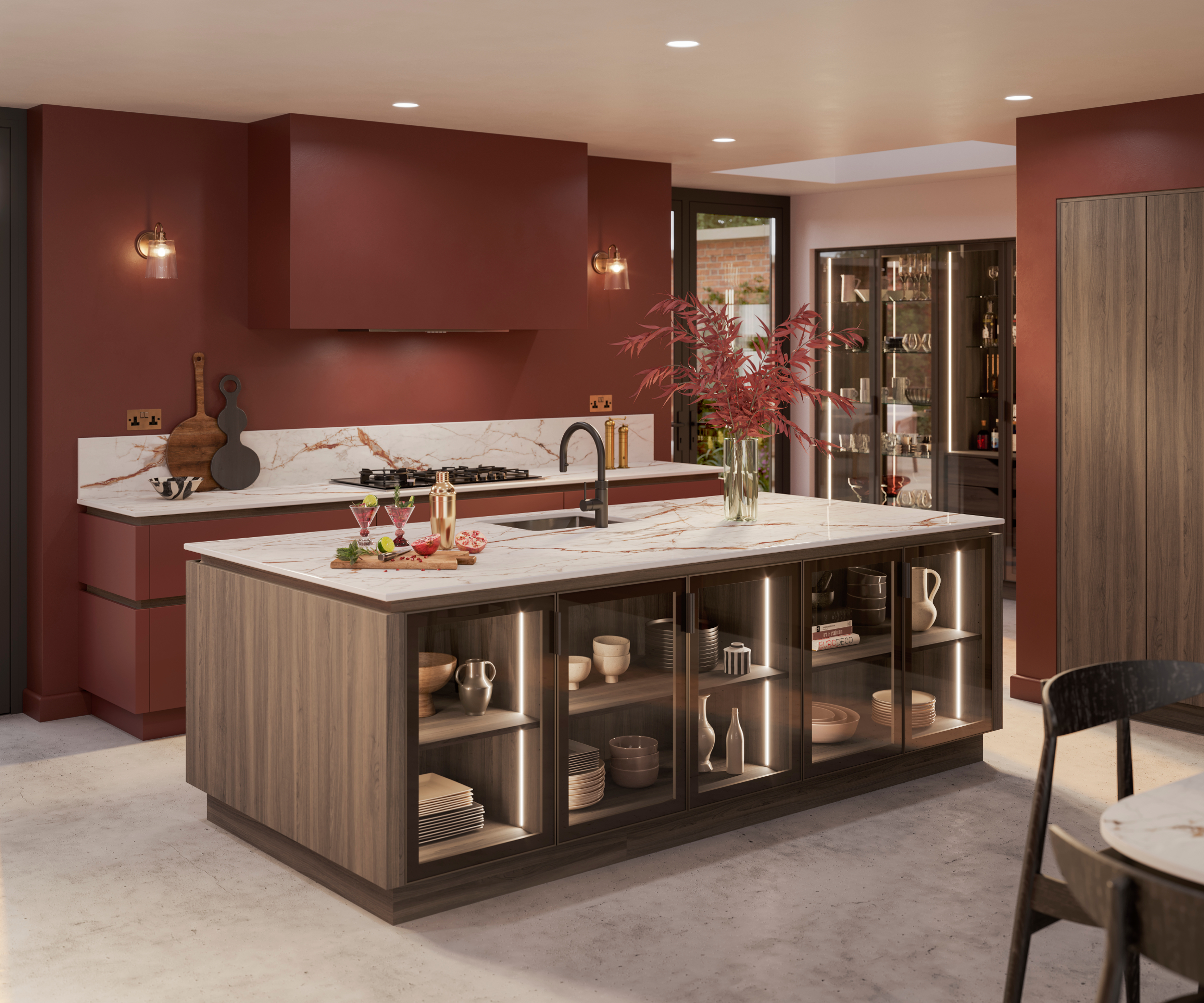 kitchen with red walls, walnut cabinetry, marble effect worktop on island and counter surfaces, extending into splashback