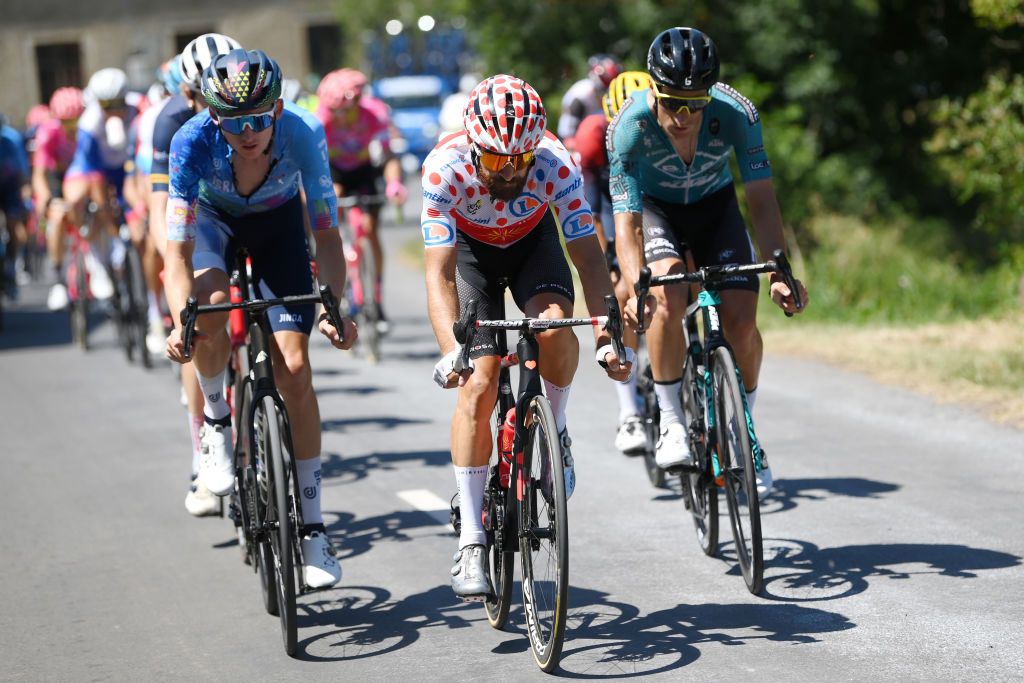 MENDE FRANCE JULY 16 Simon Geschke of Germany and Team Cofidis Polka Dot Mountain Jersey competes in the breakaway during the 109th Tour de France 2022 Stage 14 a 1925km stage from SaintEtienne to Mende 1009m TDF2022 WorldTour on July 16 2022 in Mende France Photo by Alex BroadwayGetty Images