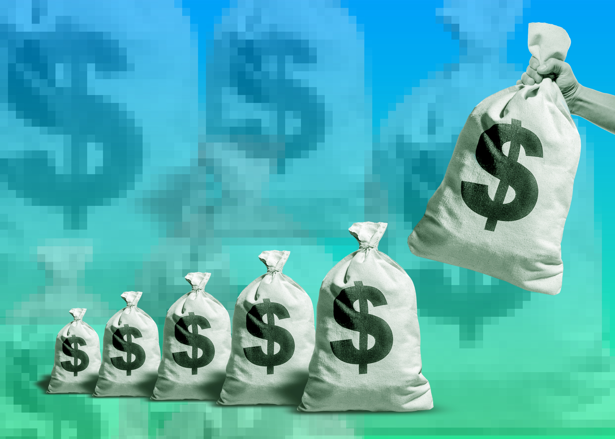 Line of money bags increasing in size from left to right, hand lifting the largest bag, blue and green graphic background