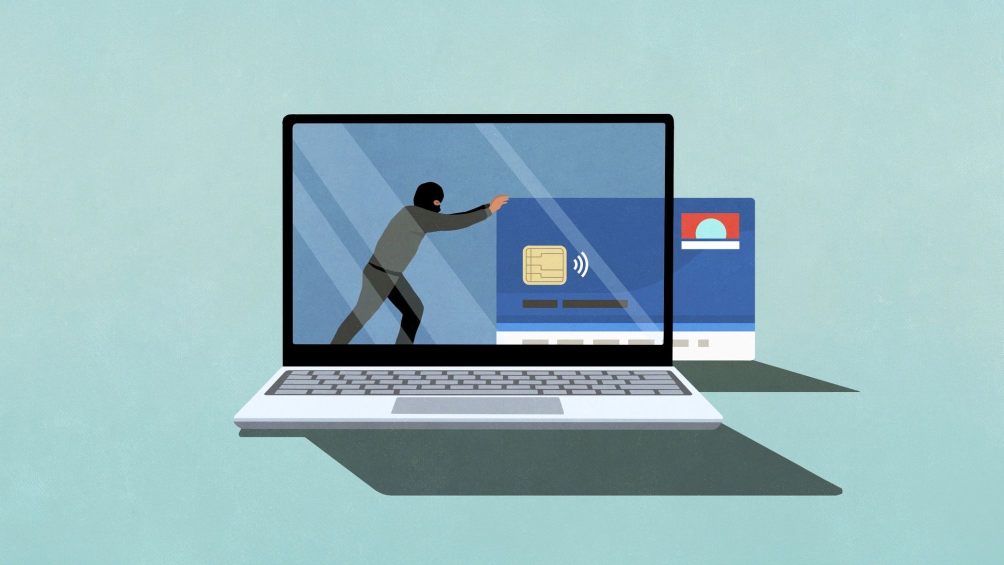 Computer hacker pushing credit card off laptop screen 