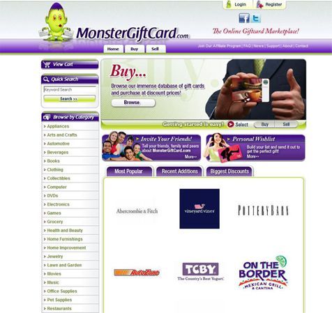 Monster Gift Card image: The service categorizes their discounted gift cards by popularity, recently added and discounts.