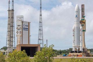 The Ariane 5 rocket designated VA248 is transferred to the launch pad at Europe's spaceport in Kourou, French Guiana, ahead of its planned launch of the T-16 and Eutelsat 7C communications satellites. 