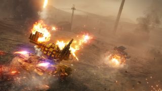 Still from the video game Armored Core VI: Fires of Rubicon. A giant tank-like mech robot firing missiles at another robot on the battlefield in front of it.