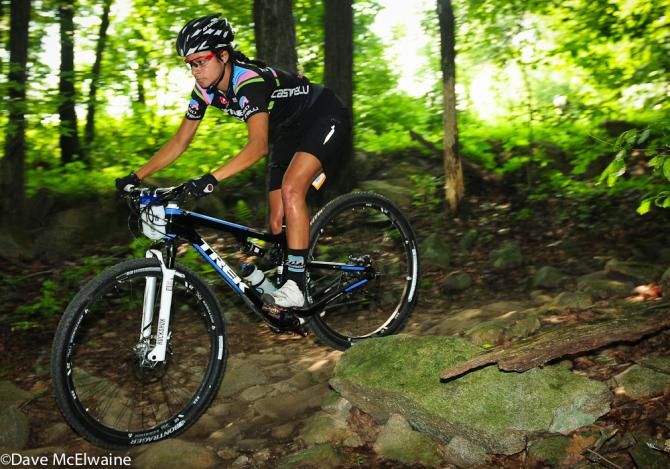 Kaylee Blevins (Trek) descending through a rock garden