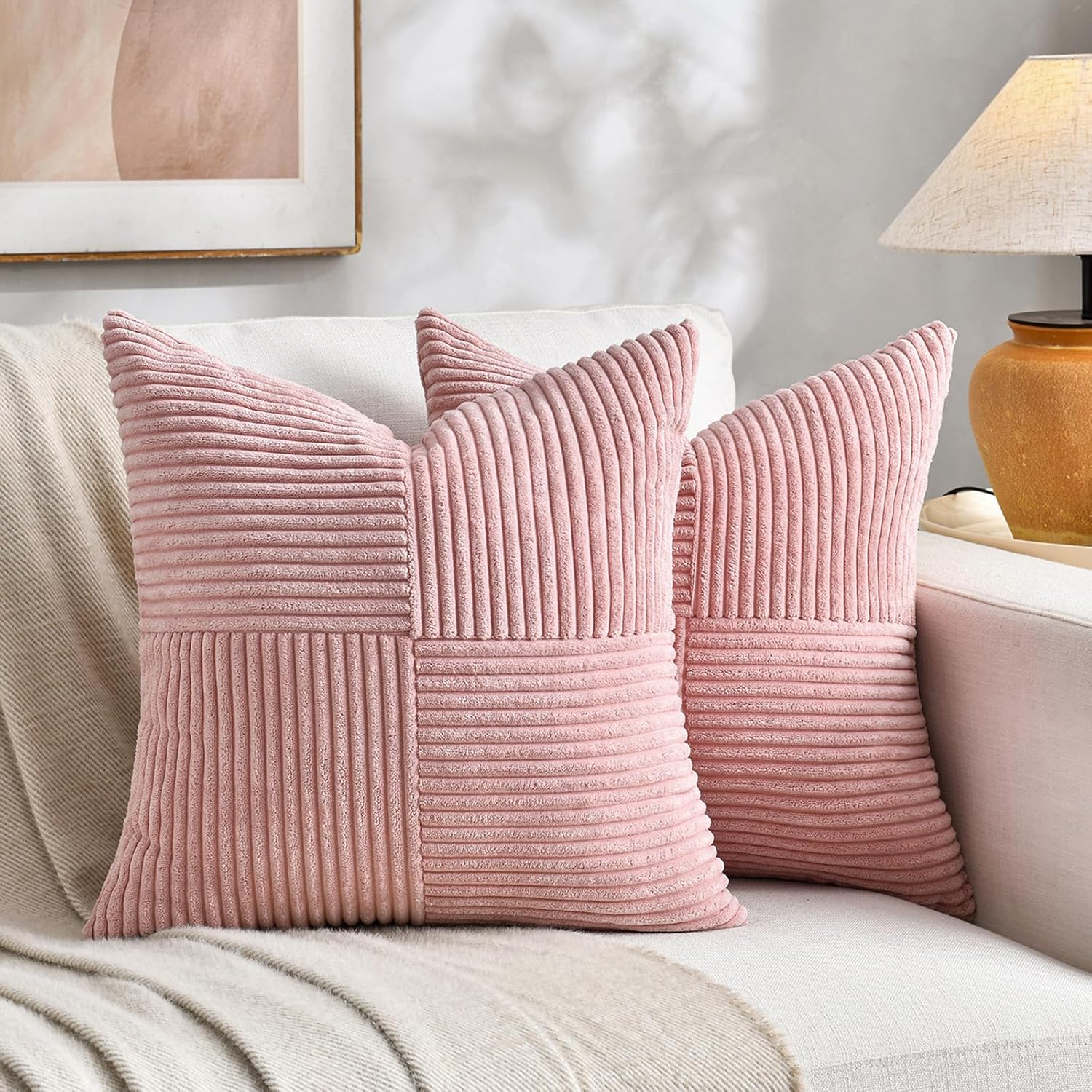 Fancy Homi 2 Packs Blush Pink Decorative Throw Pillow Covers 18x18 Inch for Living Room Couch Bed, Rustic Farmhouse Boho Home Decor, Soft Corss Corduroy Patchwork Textured Square Cushion Case 45x45 Cm